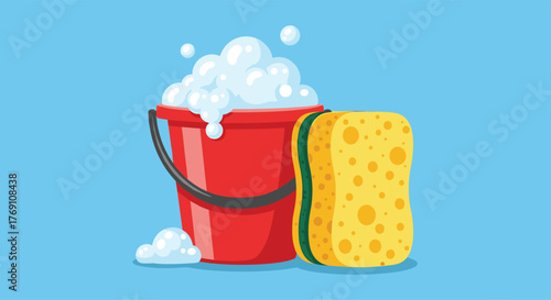 Red bucket filled with soap suds next to a yellow sponge with green trim on a blue background.