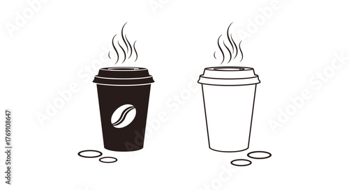 Two steaming coffee cups, one black and one white with coffee beans depicted.