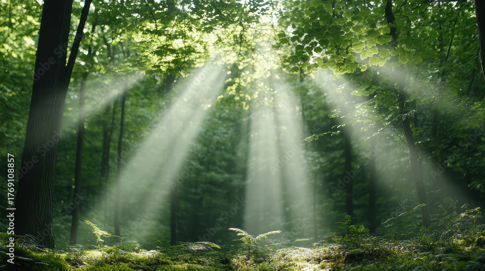 Obraz premium Natural light beams shining through lush green trees in serene forest