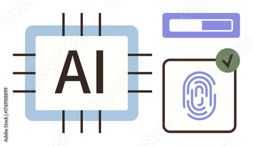 AI microchip with processing pathways, loading progress bar, fingerprint with verification checkmark. Ideal for innovation, security, digital identity, data processing, automation, machine learning