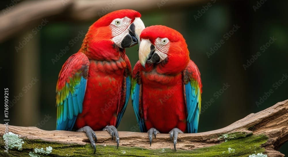 Fototapeta premium Scarlet Macaw Pair: Vibrant Plumage and Intimate Perch on Mossy Branch