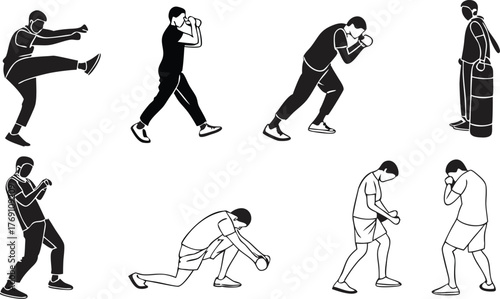 Dynamic martial arts workout routine featuring diverse stances and movements in a fitness training session for strength and agility development