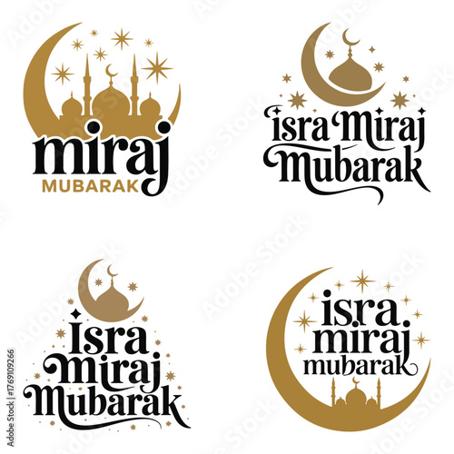 Elegant gold Isra Miraj Mubarak designs with mosques and crescent moons for festive greetings and celebrations