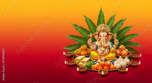 Pancha Ganapati gradient from warm saffron to festive ruby, golden idol of Lord Ganesha surrounded by mango leaves and sweets