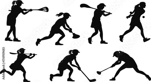 Dynamic collection of women's sports silhouettes showing lacrosse, baseball, field hockey, and golf in active poses for athletic design projects
