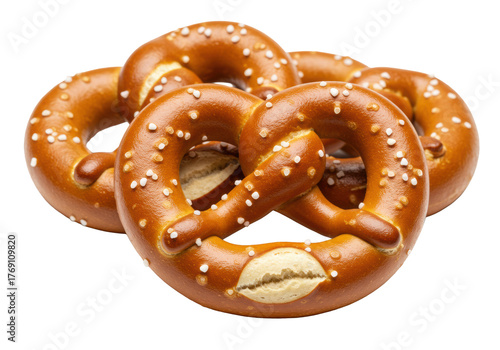 Three classic knot-shaped pretzels, golden brown with glossy sheen and coarse salt, isolated against a seamless transparent background, soft diffused lighting, clean copy space. Concept for snack food
