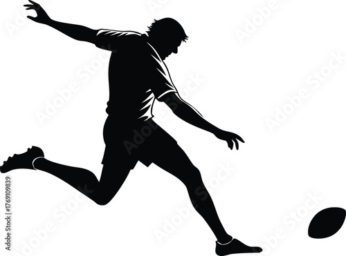 Dynamic rugby player kicking ball in silhouette, powerful action shot ideal for sports branding, fitness campaigns, and competitive spirit visuals