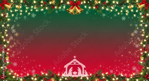 Christmas gradient from pine green to crimson red, twinkling fairy lights, holly and bells framing nativity scene