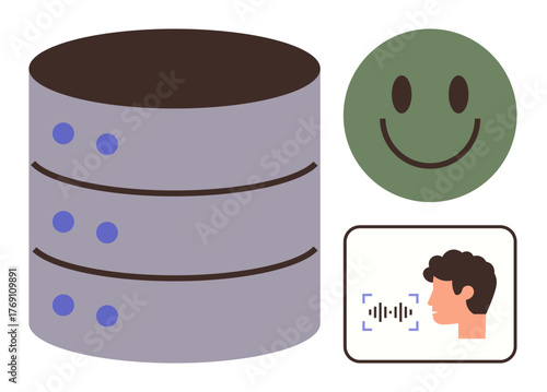 Server stack, green smiling face, and person with voice recognition technology indicate secure data storage, user satisfaction, and biometric access. Ideal for technology, AI, cybersecurity