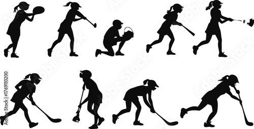 Dynamic silhouette collection showcasing girls actively engaged in various sports like lacrosse, hockey, and baseball, adding energy to your project