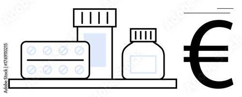 Medication bottles, blister pack on shelf, large euro sign highlighting healthcare pricing and drug cost. Ideal for healthcare, pharmacy, health economy, affordability, budgeting, finance treatment