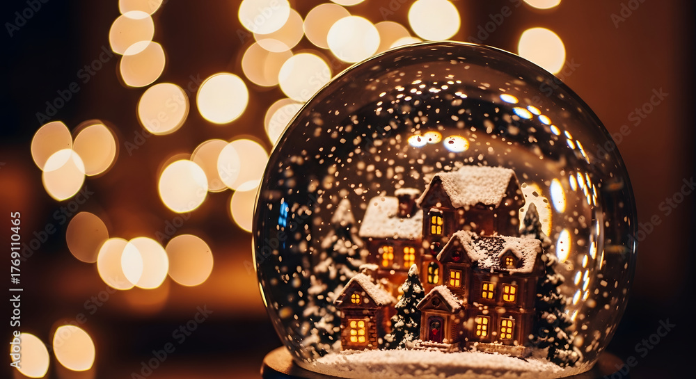 Obraz premium Christmas Snow Globe with Miniature House and Warm Festive Lights Bokeh