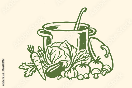 Cooking pot with vegetables rustic brush sketch vector illustration