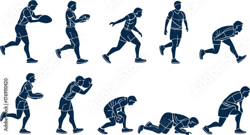 Dynamic rugby player action sequence showing running, passing, and tackling in a seamless vector illustration for sports enthusiasts and fitness designers