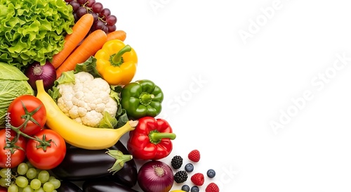 Assortment of fresh vegetables and fruits isolated on white background