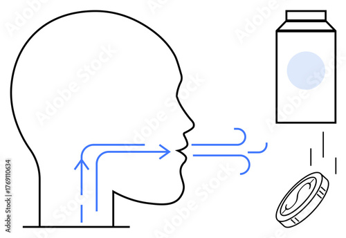 Outline of a human head showing airflow through the nose, medication canister releasing particles. Ideal for health, medication, breathing, respiration, anatomy, airways illness. Simple flat