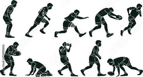 Dynamic rugby player silhouettes in action showcase athleticism and teamwork, perfect for sports branding, fitness campaigns, and team spirit designs
