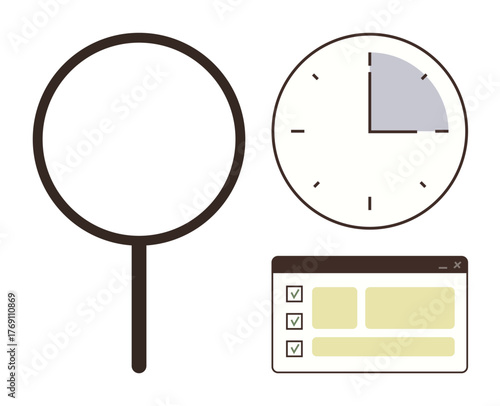 Magnifying glass, clock with partial time highlighted, and checklist interface symbolizing analysis, productivity, time tracking, task management, prioritization, focus and planning. Ideal