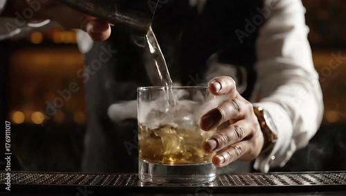 Wallpaper Mural Cocktail crafting: A bartender meticulously pours a golden liquid into a glass filled with ice, creating an engaging visual with the interplay of liquid and ice and adding a touch of elegance. Torontodigital.ca