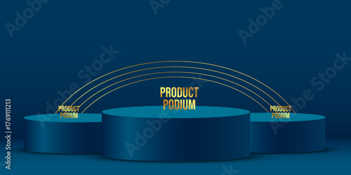 3D cylinder podium scene in bluish tones with dim light effects. Minimalist product display background ideal for award ceremony stage or modern presentation mockups
