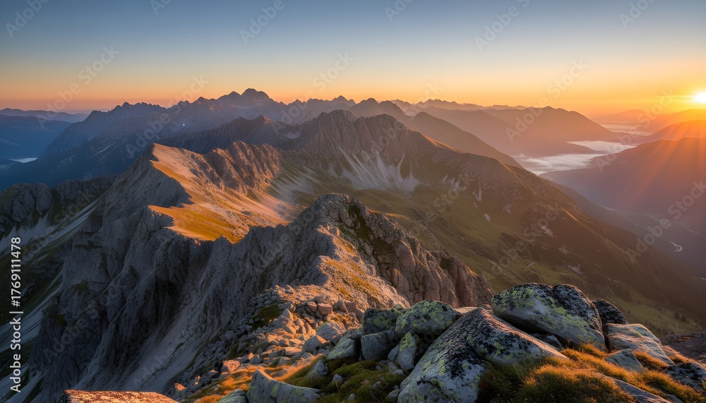 Obraz premium Golden Sunrise Light Over Rugged Alpine Mountains Panorama