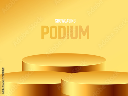 Empty golden 3D podium with cylinder platform and round stage steps. Ideal for awards, luxury presentations, product showcases, and elegant promotional mockups