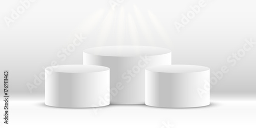 Realistic 3D geometric museum stage and exhibit platform with elegant empty stands. Ideal for award ceremony, gallery presentation, and luxury product showcase mockups