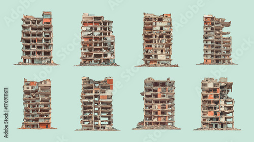 Set of Demolished Urban Buildings Isolated on Pastel Background