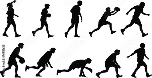 Dynamic silhouette collection of athletes in action: Running, jumping, throwing, and catching in powerful vector art, ideal for sports design