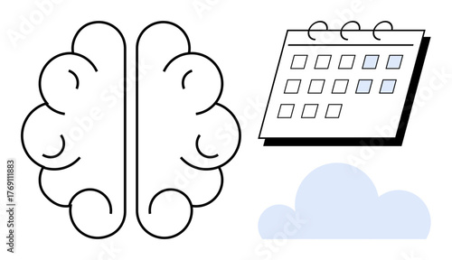 Brain outline, calendar with highlighted dates, and a cloud icon. Ideal for productivity, time management, mental clarity, brainstorming, planning creativity organization. Simple flat metaphor