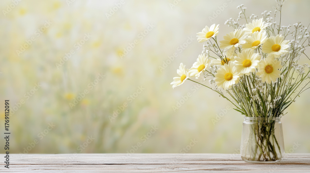 Obraz premium Fresh daisies in glass vase create cheerful atmosphere, enhancing any space with their beauty