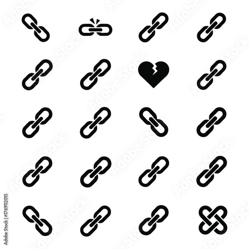 Chain link variations collection with broken link and broken heart
