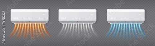 Split system air condition units with airflow - white wall mounted devices with temperature display, red warm streams for heating mode, cool blue jets and neutral flows. Climate control equipment