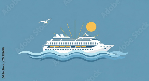 Cruise ship sailing on the sea a cruise ship sailing on the sea with a seagull flying overhead and the sun shining in the background