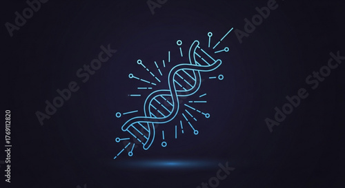 Glowing neon dna structure on dark background, representing genetic code, science, biology, and medical research with abstract design