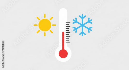 Thermometer showing temperature, representing hot and cold weather with sun and snowflake symbols for climate change
