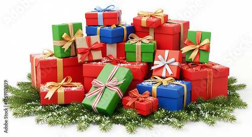 A pile of christmas presents in red green and blue with ribbons and pine needles on a white background