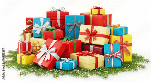 A colorful pile of christmas presents with ribbons and bows on top of pine needles on white background