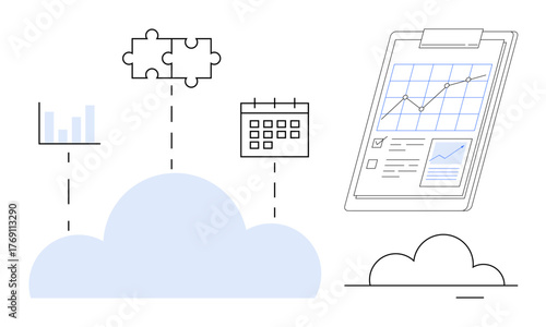 Cloud connecting charts, calendar, puzzle piece, and document with graph. Ideal for data management, analytics, planning, teamwork cloud technology monitoring efficiency. Simple flat metaphor