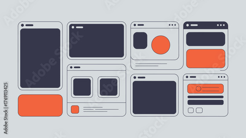 A minimalist illustration of eight different webpage layouts with orange and dark blue accents