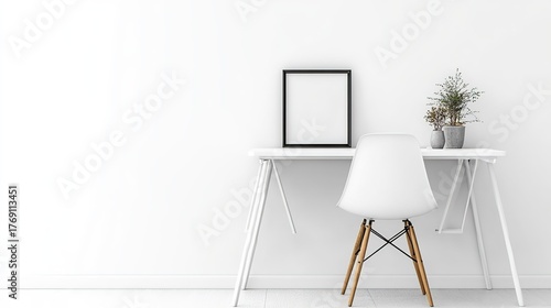Minimalist home office interior with modern desk and chair, empty picture frame mockup on white wall, natural lighting wide angle view.