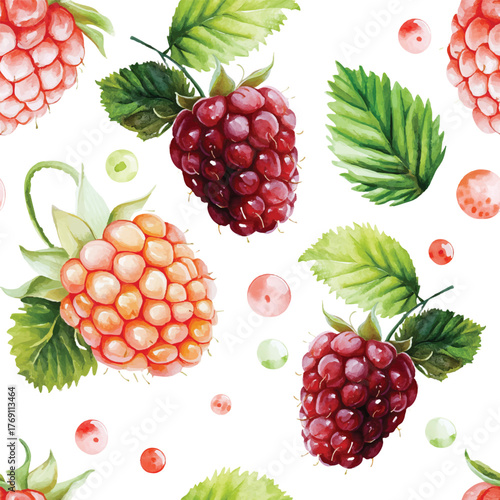 watercolor strawberries berry Seamless pattern on white background red berries with leaves for fabric design, rustic kitchen textiles, packaging and botanical print projects