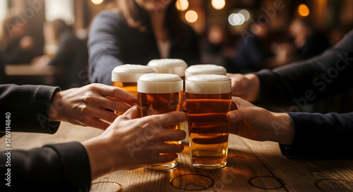 People toasting with frothy beer glasses atop a wood table in warm indoor pub lighting