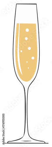 Elegant champagne flute filled with bubbly liquid and a few bubbles for celebrations