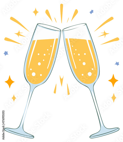 Two sparkling champagne flutes toasting celebration with festive gold star bursts