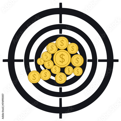 Target with golden coins aiming at financial success and profit goal achievement