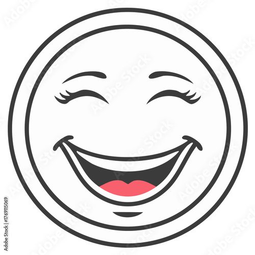 Happy cartoon smiley face icon laughing with closed eyes and a wide smile. Joyful vector illustration.