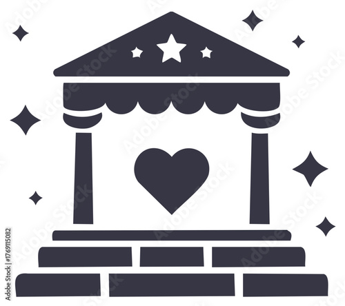 Silhouette of Heart Shrine with Stars, Curtains, Columns and Stone Steps - Vector Illustration