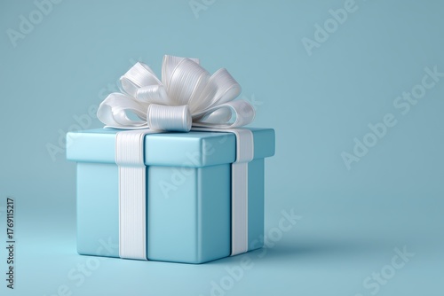 Render of a baby blue gift box with white ribbon on a light blue backdrop in 3D graphics