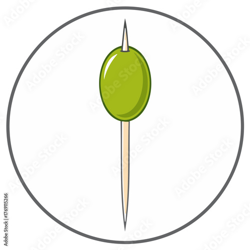 Illustration of a green olive pierced by a toothpick in a grey circle